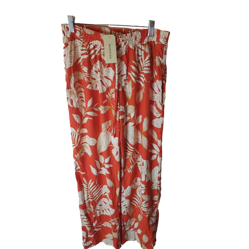 Monteau Tropical Leaf Print Linen Blend Pants, NWT,